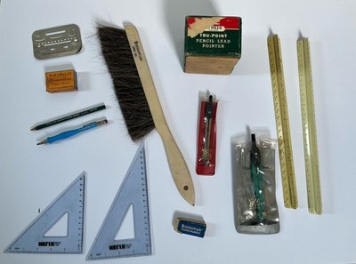 Vintage Drafting Compass & Ruler Set Lot K&E Pickett Staedtler Engineering Tools