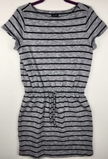 Ann Taylor 100% cotton dress in gray with black stripes and drawstring - Size M