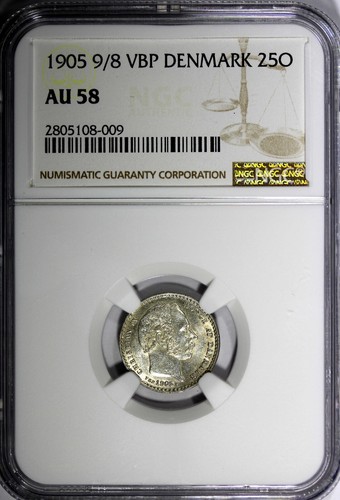 Denmark Christian IX Silver 1905 9/8 VBP 25 Ore NGC AU58 OVERDATE KM# 796.2 (9) - Picture 2 of 5