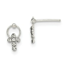 .925 Sterling Silver Kid's CZ Cross Post Earrings 25mm x 7mm Childrens Jewelry