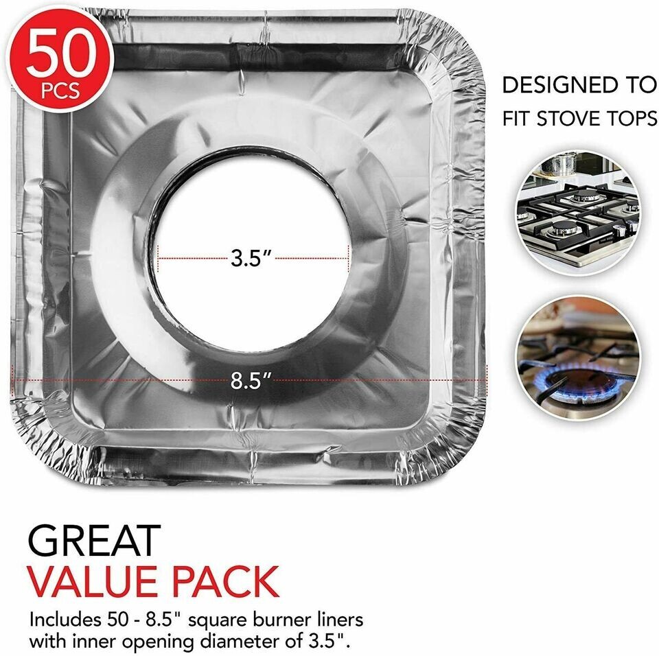 50 Pack) Disposable Aluminum Foil Square Bib Liners Stove Gas Burner Cover  8.5