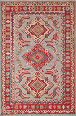 Geometric Light Blue/ Red Super Kazak Oriental Accent Rug 4x6 Wool Handmade Rug