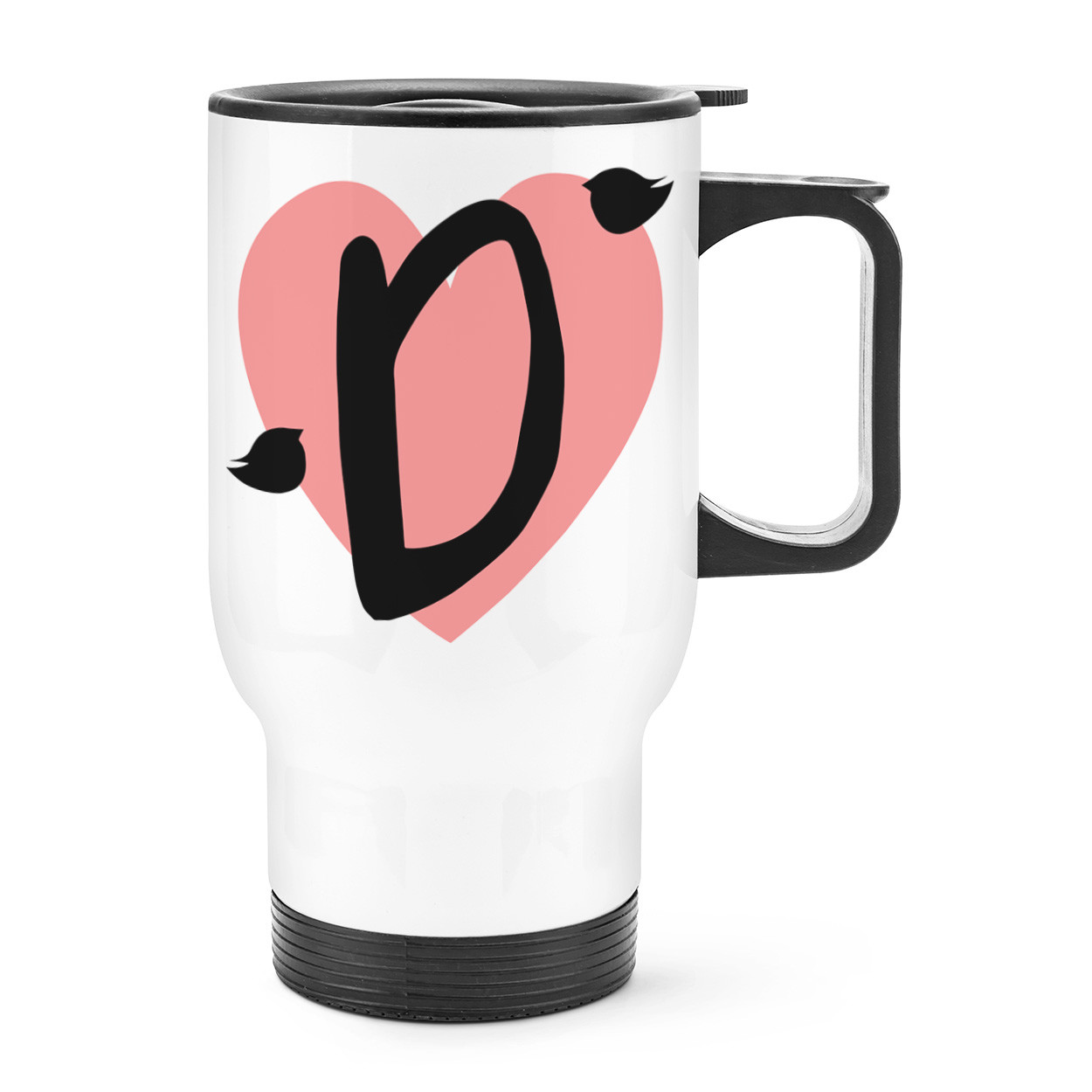 Letter D Heart Alphabet Travel Mug Cup With Handle - Valentines Day Love Thermal