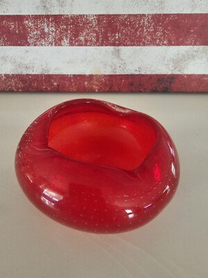 Murano Glass Ashtray or Bowl Controlled Release Bubbles Ruby Red Art Glass 