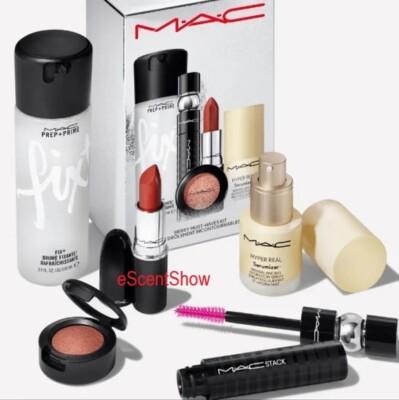 メイク道具・化粧小物 M.A.C MADE UP KIT MAC MERRY MUST HAVES 5 KIT MASCARA SERUM LIPSTICK EYESHADOW FIX+