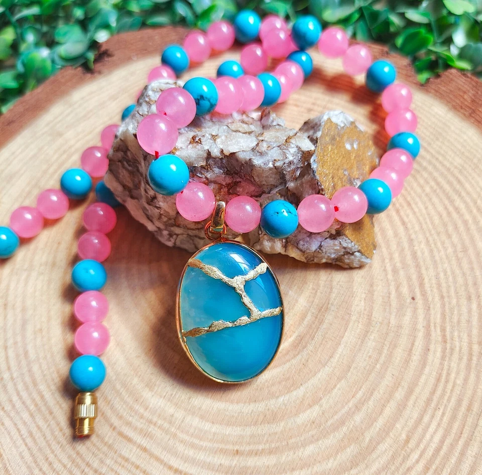 Collar colgante de ópalo azul con cuentas cuarzo rosa y turquesa joyas de piedras preciosas Foto 4 de 4