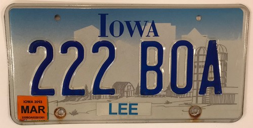 Iowa Vanity BOA 222 TRIPLE DIGIT 2 Nummernschild Snake Repeating Number 2013 LEE - Bild 1 von 12