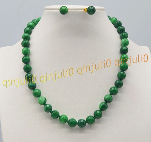 Natural 10mm Green Jade Gemstone Round Beads Necklace Earrings Set 18'' - Picture 4 of 10