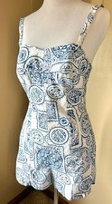 Vtg 60s Cole California Boned Cotton Playsuit Tiki Blue White Play Suit Romper