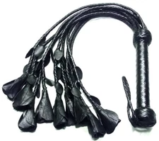 Handcrafted Black Genuine Leather Cat-O-Nine Tails Flogger Roses & Petals Design