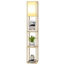 Image of LED Floor Lamp Wooden 3-Tier Open Shelf Storage Stabnding Light Linen Lampshade