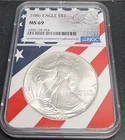 1986 $1 Silver American Eagle NGC MS69 (US Flag Frame Holder)