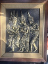 Mid Century Raised Cambodian Argkor Wat Temple Rubbing Large Framed Art Buddhist