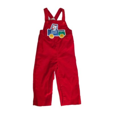 Vintage 70's Carter's Baby Corduroy Bibs Overalls Red Truck Applique 24M Teddy