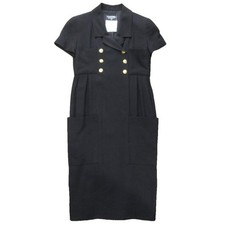 Chanel Vintage Double Breasted Gathered Dress Black Size 36 M
