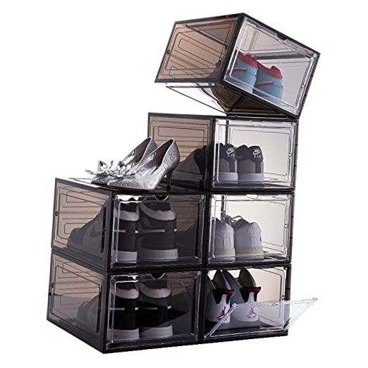 Stackable Drop Front Plastic Shoe Box Set of 6 in Black