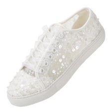 Mrs White 883-8 Women's Wedding Sneakers Lace Sequin Bridal Flats Breathable...