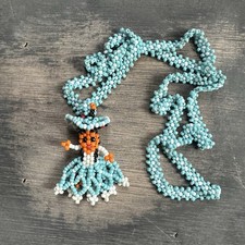 Vintage 80s Native American kachina seed bead doll long necklace