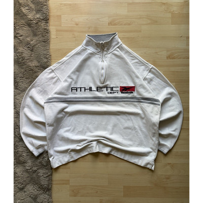 Reebok Herren Pullover L weiß Feinstrick Baumwolle Polyester Logo Reißverschluss