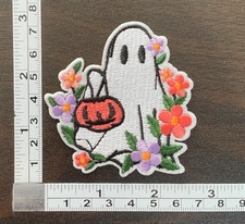 Ghost With Pumpkin  Flowers Halloween Embroidered Iron On Patch