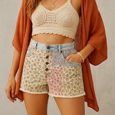 FARM Rio Anthropologie 28 Floral Patchwork High Waist Denim Shorts Boho Festival