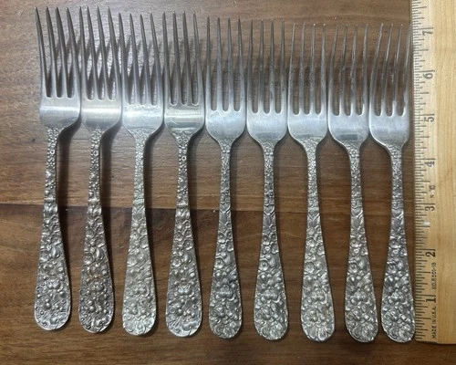 Kirk Stieff Sterling Silver 9 Forks 6 7/8 Rose No Mono 483 Grams Scrap