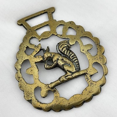 Brass Horse Medallion Antique English Squirrel Eat Nuts Pierced Ornate Harness