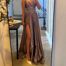 Mauve Satin V-Neck Strappy Long Gown Rhinestone Waist Side Slit Juniors 5