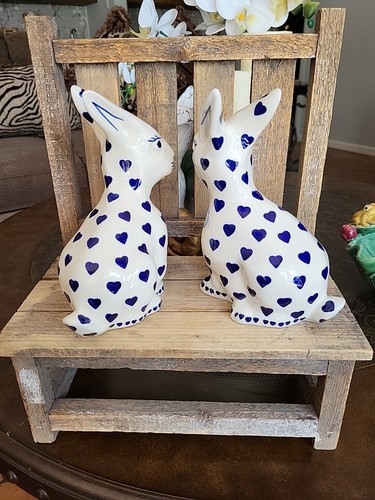 2 Boleslawiec Wiza Hand Made Polish Pottery Blue Bunny Rabbit Flower Pattern - Picture 4 of 10