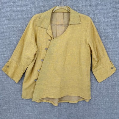 Heydari Linen Asymmetrical Button Top Women One Size Yellow Textured Boho 3/4
