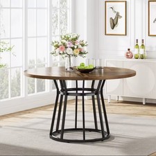 Round Dining Table 120cm Herringbone Walnut Top Industrial Drum Base Seats 4-6