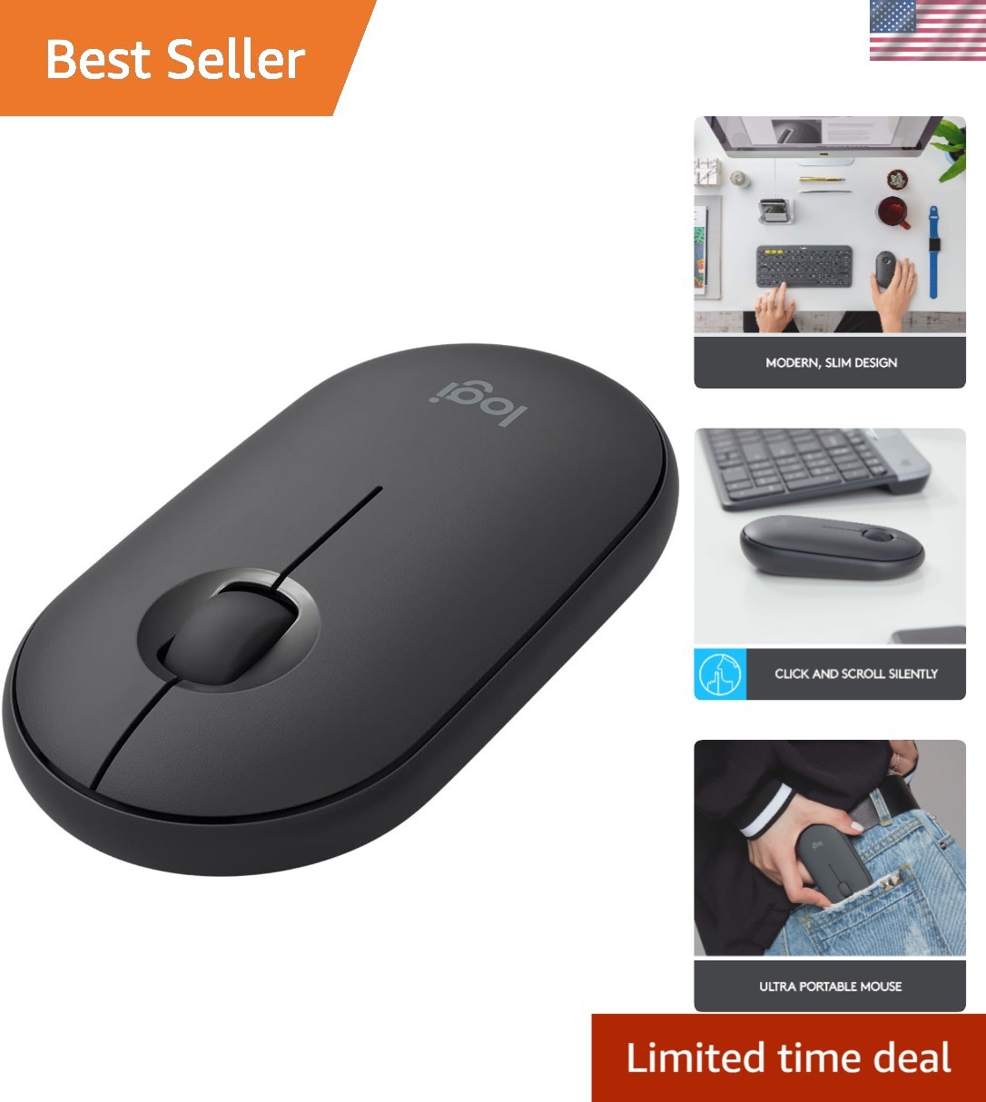 Pebble Wireless Mouse - Silent Slim Design with Bluetooth & USB for All Devices