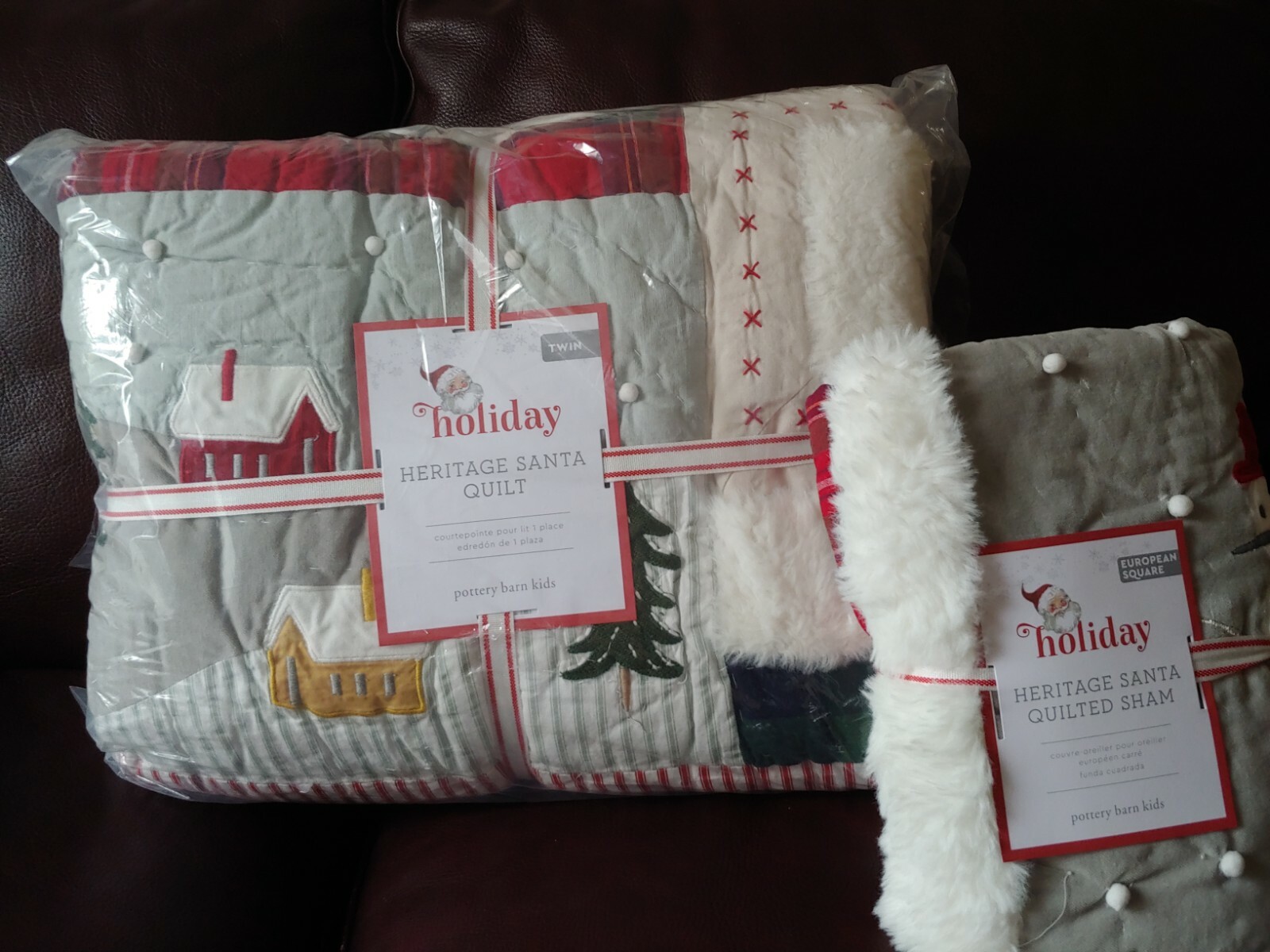 S2 POTTERY BARN KIDS Heritage Santa Quilt Euro Sham Twin Christmas