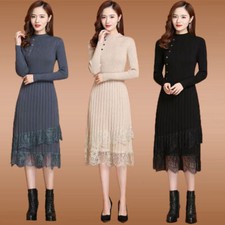Women Knitted Dress Lace Splicing Sweater Dress Warm Winter Pullover Slim