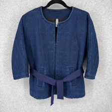 Marla Wynne Oversized Quilted Denim Jacket Size M Blue Pockets Tie Waist Casual