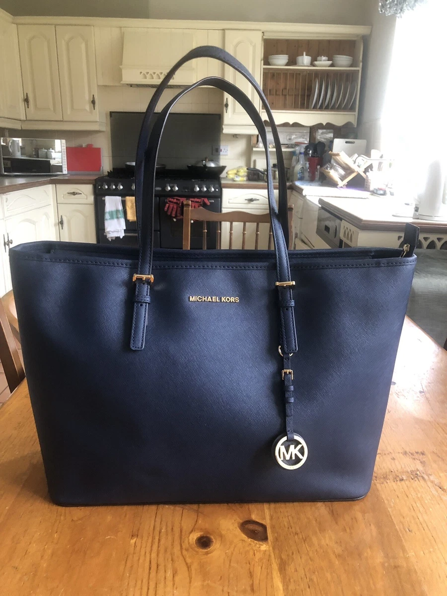 Michael Kors Blue Jet Set Large Leather Saffiano Tote Bag