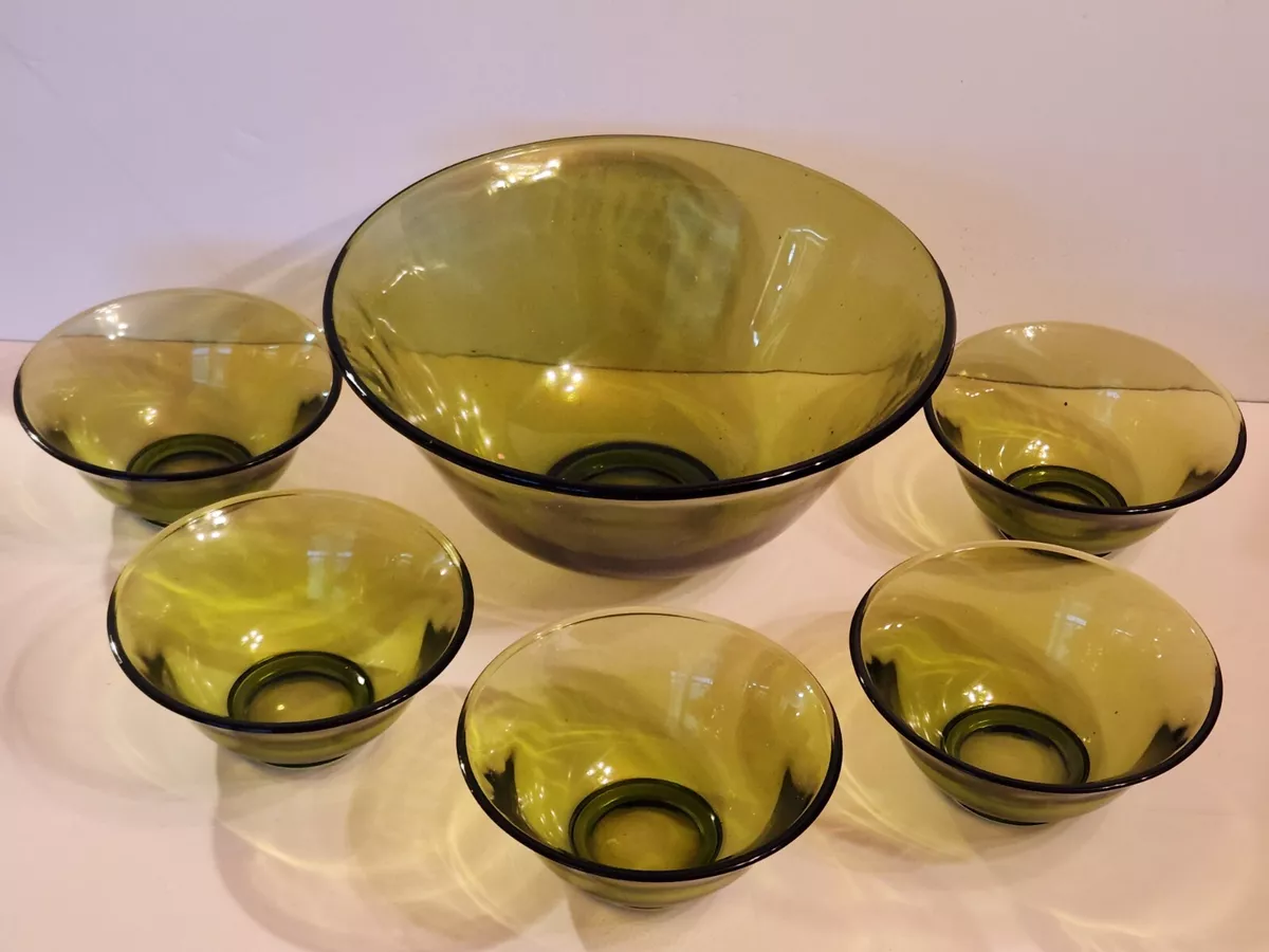 Vintage Clear Green Glass Salad Bowls Set of 6 Large Round Bowl Small Bowls