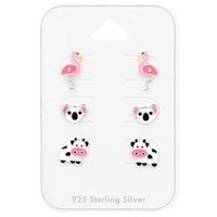 3 Paar Ohrringe Ohrstecker Set 925 Sterling Silber Mit Flamingo, Koala & Kuh