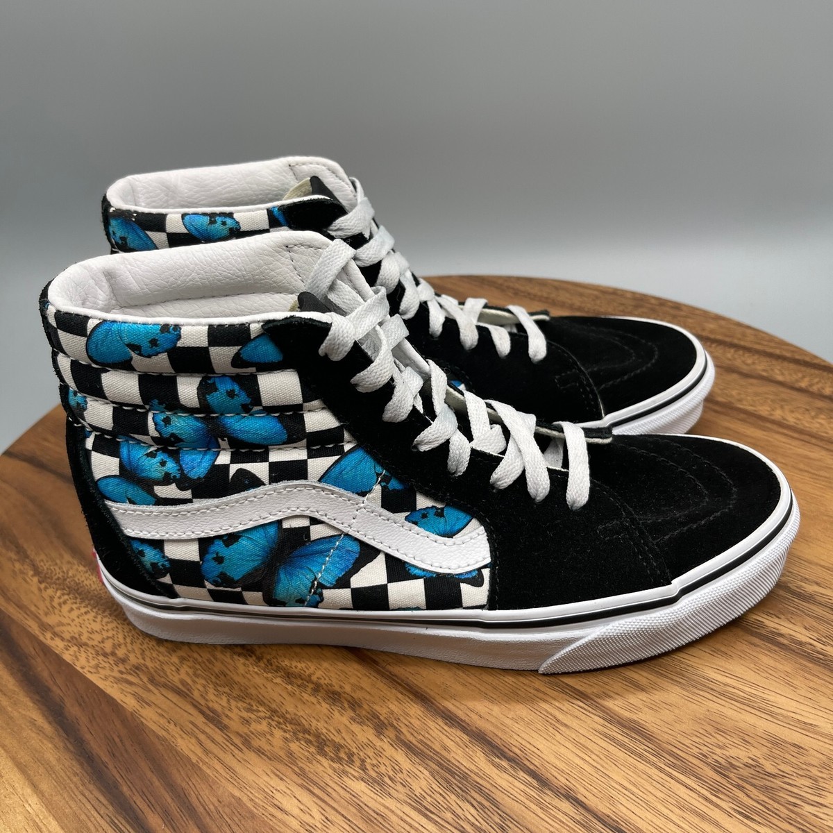 VANS SK8-HI Shoes Womens Size Blue Butterflies Checkered Suede Canvas  Sneakers