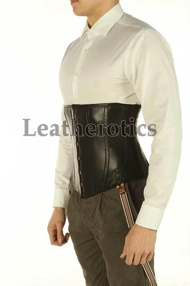 Underbust Real Leather Slimming Corset for Men Lacing Steel Boned Back  Support