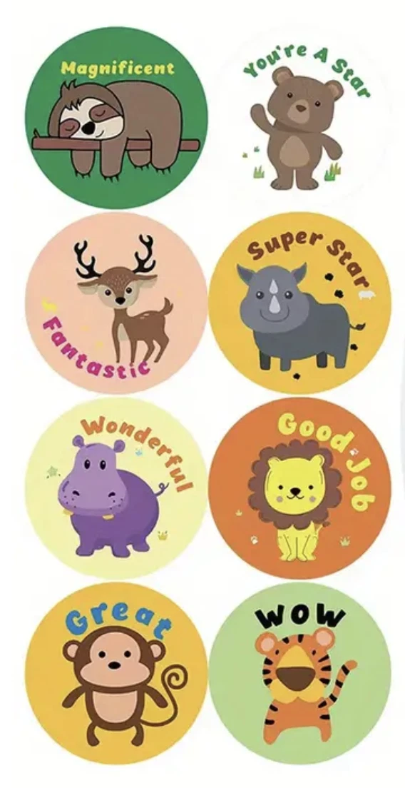 Positive Reward Merit Stickers 2.5cm 50/100pc Teacher Award Kids Party Animals