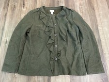 Chico's Women  s Sz 2 12 Wool Blend Full Button Front Ruffled Green Blazer Jacket