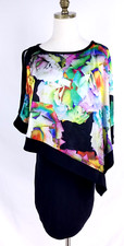 Joseph Ribkoff XS 32'' Vibrant Asymmetrical Floral Overlay Dress Cold Shoulder