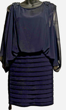 Cach  Mini cocktail dress Sheer Bodice beaded cold shoulder blouson, SIZE 0 Blue