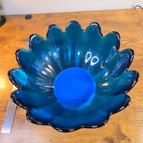 Vintage Blenko Glass 14 Petal Cobalt Blue Lotus Bowl  10.5" Beautiful Deep Blue