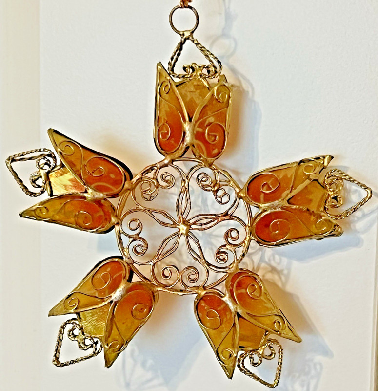 5 Point Capiz Seashell Star Ornament 2-Sided Filigree Hand Painted Amber Gold 5"