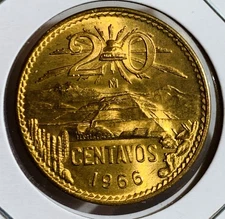 * 1966 MEXICO 20 CENTAVOS COPPER COIN, SHARP BU, FULL RED  *