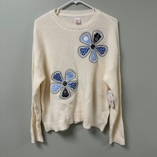 Wonder Nation Girls XXL 18 Cream Knit Sweater Blue Floral Patchwork Pullover