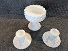 Vintage Fenton Milk Glass Hobnail Ruffled Bowl & Two Candlestick Holders