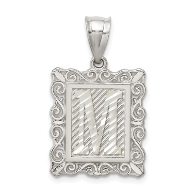 Sterling Silver Initial M Pendant Necklace Rectangular Monogram Scrollwork Charm